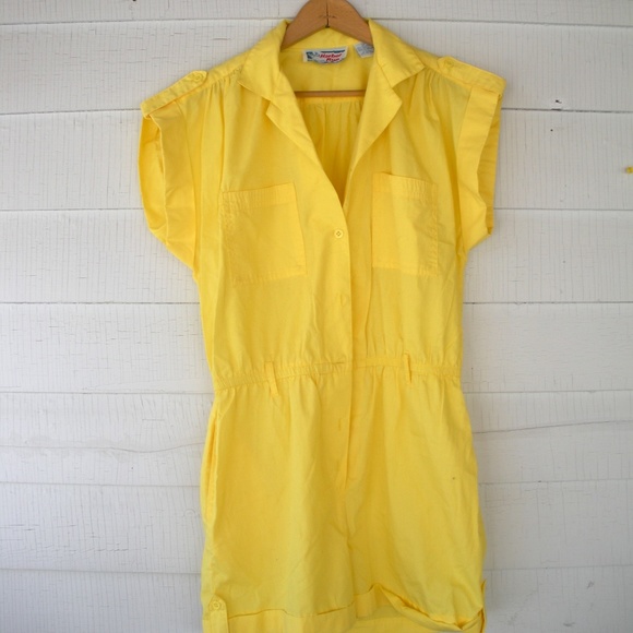 Vintage 1980s 60s 70s Yellow Romper Shortall Playsuit Medium 6 8 - Picture 2 of 7